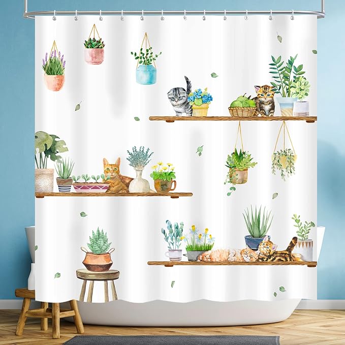 Hanging Potted Plants Cat Shower Curtain, Bracket Plant Kitty Shower Curtain for Bathroom with 12 Hooks, Polyester Fabric Waterproof Shower Curtain Sets Machine Washable Bath Curtain