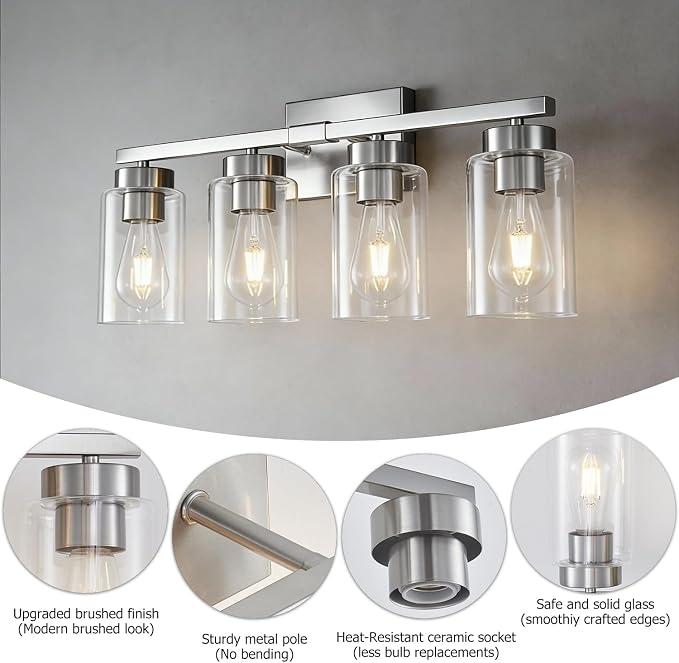 4-Light Bathroom Light Fixtures, Nickel Modern Vanity Lights Over Mirror, Bathroom Wall Sconces with Clear Glass Shade for Living Room Bedroom Hallway Cabinet Porch