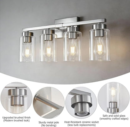 4-Light Bathroom Light Fixtures, Nickel Modern Vanity Lights Over Mirror, Bathroom Wall Sconces with Clear Glass Shade for Living Room Bedroom Hallway Cabinet Porch