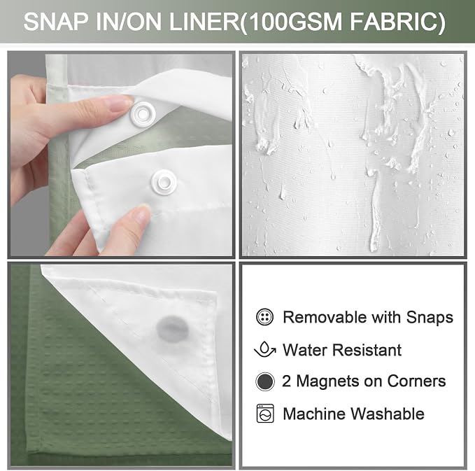 No Hook Shower Curtain and Liner Set,Ombre Green Hotel Waffle Shower Curtain with Liner 75" L x 72" W