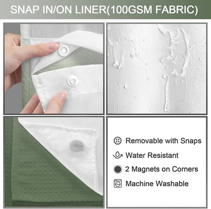 No Hook Shower Curtain and Liner Set,Ombre Green Hotel Waffle Shower Curtain with Liner 75" L x 72" W