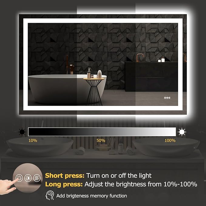 Hivone 60"X36" LED Bathroom Mirror with Lights, Anti-Fog, Dimmable, Backlit + Front Lit, Smart Bathroom Vanity Mirror, Memory Function, Shatterproof, Tempered Glass (Horizontal/Vertical)