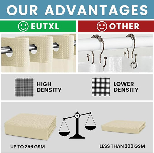EUTXL Heavyweight Waffle No Hook Shower Curtain with Liner, 71x74, Ivory | Snap in Liner, 256GSM, Thick, Hotel Luxury Spa, Waterproof Fabric, Corner Magnets, 3 in 1 Set, Washable, Hang in Seconds