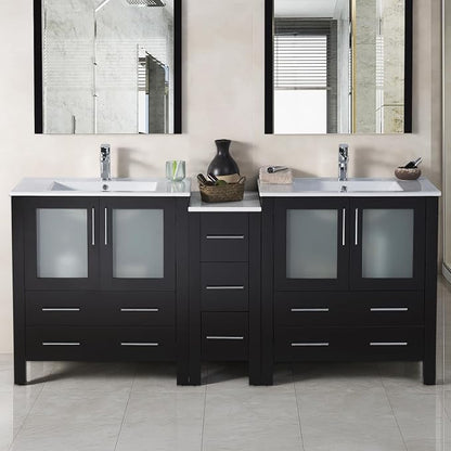 Blossom Luxury 72 Inch Solid Wood Bathroom Vanity Double Sink Set | Espresso Master Suite Vanity with Linen Cabinet | Modern Dual Sink Cabinet with Soft-Close Drawers & Tempered Glass Doors