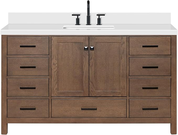 ARIEL Cambridge 60-inch Bathroom Vanity with Sink,Solid Wood, 1.5-inch Pure White Quartz Countertop, Single Rectangular Porcelain Sink, 2 Soft Closing Doors, 9 Dovetail Drawers, Brown Oak