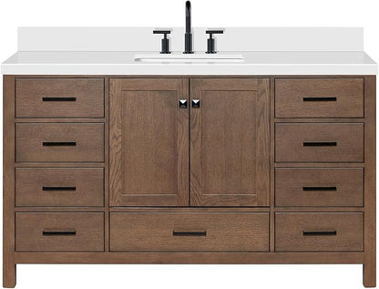 ARIEL Cambridge 60-inch Bathroom Vanity with Sink,Solid Wood, 1.5-inch Pure White Quartz Countertop, Single Rectangular Porcelain Sink, 2 Soft Closing Doors, 9 Dovetail Drawers, Brown Oak