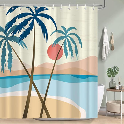 Beach Shower Curtain, Summer Boho Tropical Palm Tree Sunset Mid Century Abstract Modern Bathroom Decor, Waterproof Fabric Polyester Bathroom Curtain with 12 Hooks 72x72 in