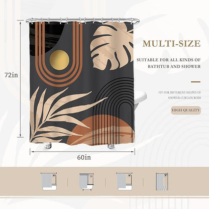Glawry Black Boho Mid Century Shower Curtain Abstract Beige Leaves Minimalist Simple Aesthetic Arch Sun Modern Bathroom Botanical 60Wx72L Inches Bath Accessories Art Home Decor Fabric 12 Pack Hooks