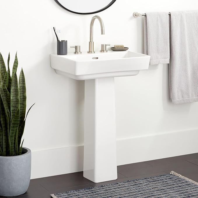 Signature Hardware Pentero 23" Fireclay Pedestal Sink | Includes - Fireclay Base and 3 Faucet Holes at 8" Centers - White