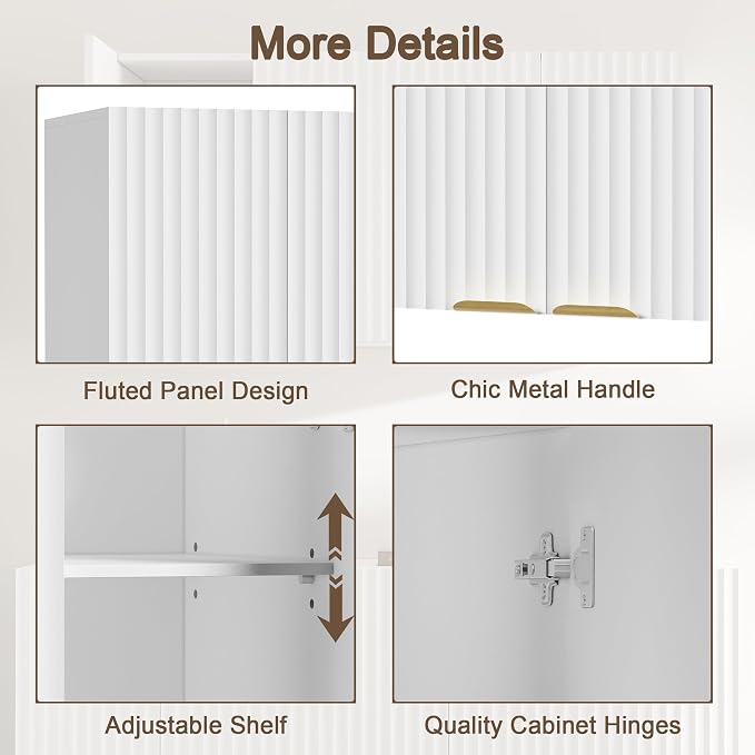 ChooChoo Bathroom Wall Cabinet, Laundry Room Cabinet with 2 Fluted Doors | Kitchen Storage Cupboard Cabinet with Adjustable Shelf, Fluted Wall-Mounted Medicine Cabinet for Kitchen, Garage, White
