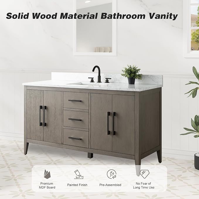 60 Inch Bathroom Vanity with Sink & Ceramic Top, Single Vanity Cabinet with Basin, Soft-Closing Doors & Matte Black Hardware, Driftwood Gray