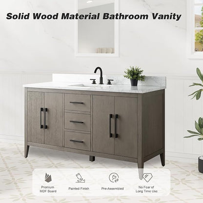 60 Inch Bathroom Vanity with Sink & Ceramic Top, Single Vanity Cabinet with Basin, Soft-Closing Doors & Matte Black Hardware, Driftwood Gray