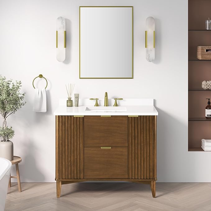 OVE Decors Indy 42 in. Undermount Single Sink Bathroom Vanity with White Engineered Marble Top, Warm Walnut