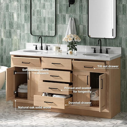 ARIEL Hepburn 66-inch Bathroom Vanity with Sink,Solid Wood, 1.5-inch Pure White Quartz Countertop & Backsplash, Double Oval Porcelain Sink, 4 Soft Closing Doors, 6 Dovetail Drawers, White Oak