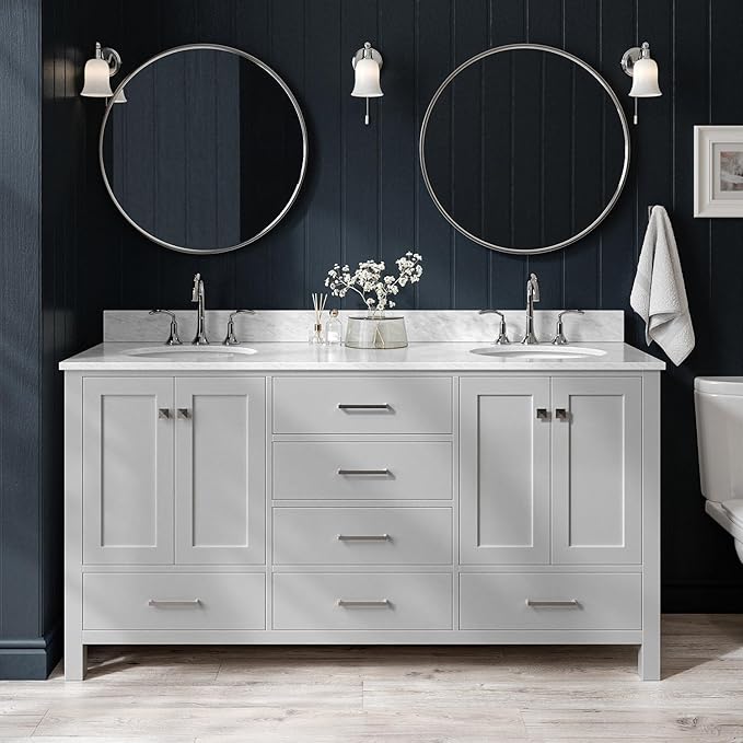ARIEL Cambridge 66-inch Bathroom Vanity with Sink,Solid Wood, 0.75-inch Italian Carrara Marble Countertop & Backsplash, Double Oval Porcelain Sink, 4 Soft Closing Doors, 6 Dovetail Drawers, Grey