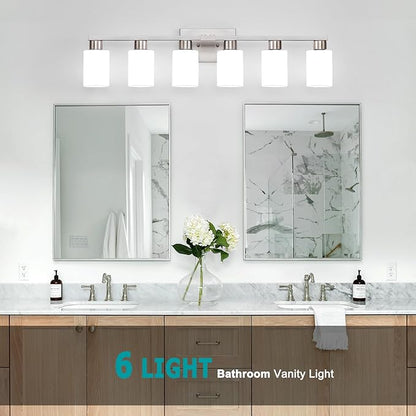 6-Light Bathroom Vanity Light Brushed Nickel Bathroom Light Fixture Vanity Lights with Milky White Frosted Glass Shades Wall Sconces Over Mirror E26 Socket Bulbs Not Included