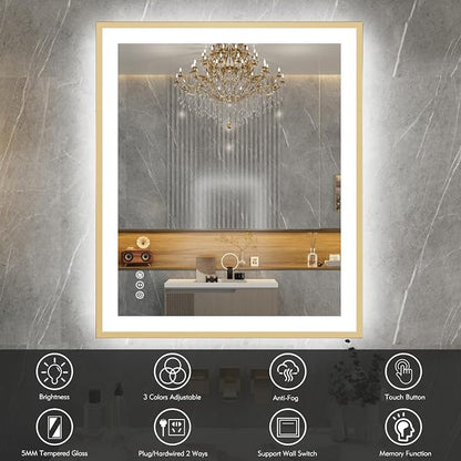 30x36 Inch LED Bathroom Mirror with Gold Frame | Gold Metal Frame, Front and Backlit, 3 Colors, Dimmable, Memory, Anti Fog, Tempered Glass, Lighted Mirror for Wall