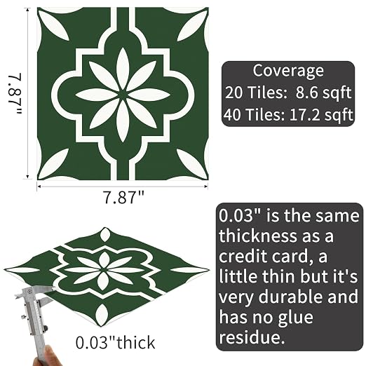 MORCART Peel and Stick Floor Tile, Vinyl Flooring Waterproof, DIY Flooring for Bathroom, Kitchen, Fireplace, Pet House, Stairs, Bedrooms, Wall (20PCS,7.87" x 7.87",FT1688 Dark Green+White)