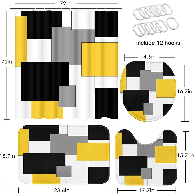 Bathroom Sets with Shower Curtain and Rugs 4 Pcs, Geometric Yellow | Checkered Abstract Modern Art Bathroom Decor Set with Toilet Lid Cover, Non-Slip Bath Mats and Accessories 12 Hooks