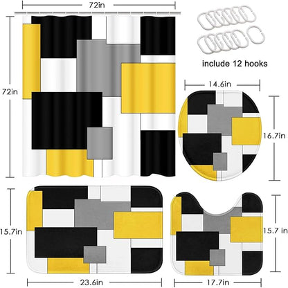Bathroom Sets with Shower Curtain and Rugs 4 Pcs, Geometric Yellow | Checkered Abstract Modern Art Bathroom Decor Set with Toilet Lid Cover, Non-Slip Bath Mats and Accessories 12 Hooks