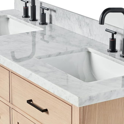 ARIEL Hepburn 60-inch Bathroom Vanity with Sink,Solid Wood, 1.5-inch Italian Carrara Marble Countertop, Double Rectangular Porcelain Sink, 4 Soft Closing Doors, 6 Dovetail Drawers, White Oak