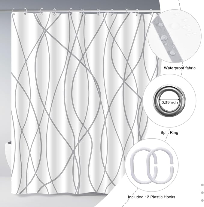 Striped Shower Curtain for Bathroom, Grey White, 72" W x 84" L | with Hooks, Modern Hotel Style, Water Repellent, Washable, Weighted Hem
