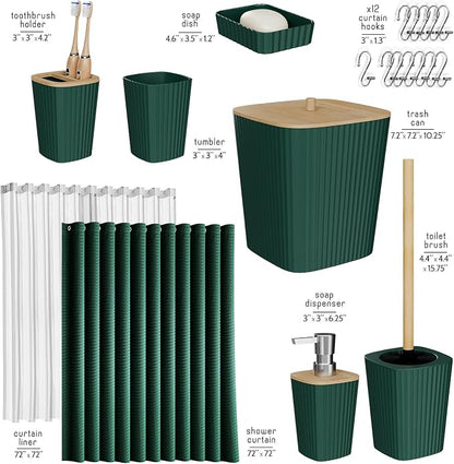 Clara Clark Bathroom Set, Shower Curtain Set, Bathroom Accessory Set | 20 Piece Hunter Green Bathroom Accessories Set with Toothbrush Holder, Soap Dispenser, Soap Dish, Toilet Brush, and Trash Can