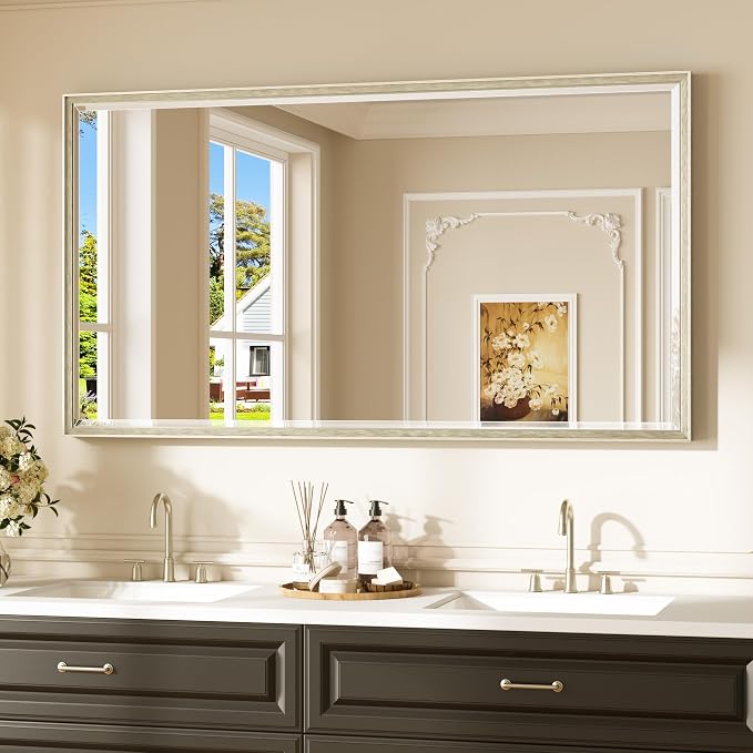 Keonjinn 55" x 30" Brushed Nickel Bathroom Mirrors for Over Sink, Aluminum | Tempered Glass Beveled Edge, Scratch Resistant Metal Frame, French Cleat, Silver Bathroom Vanity Mirror(Vertical/Horizontal)