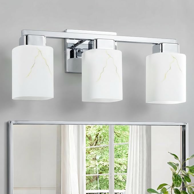 3-Light Square Bathroom Light Fixture, Chrome Modern Vanity Light with White Marble Glass Shade, for Bathroom Mirror, Living Room, Bedroom, Hallway, E26 Base