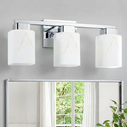 3-Light Square Bathroom Light Fixture, Chrome Modern Vanity Light with White Marble Glass Shade, for Bathroom Mirror, Living Room, Bedroom, Hallway, E26 Base