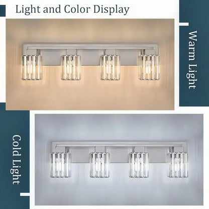 Brushed Nickel Bathroom Light Fixtures, 4-Light Vanity Light Over Mirror | Wall Sconces with Square Crystal Shades, E26 Socket, Modern Vanity Lights for Bathroom (Bulbs Not Included)