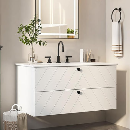 36 inch Bathroom Vanity with Sink, Floating Cabinet with Ceramic Sink, 2 Fluted Drawers Large Storage, Soft-Close Design, Modern (No Faucet)