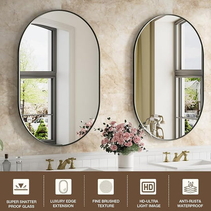 16"x20" Matte Black Oval Bathroom Mirror for Over Sink, Vanity Mirror | Aluminum Alloy Frame, Clear Reflection, Rust-Resistant, Vertical or Horizontal, Wall Mount, Bedroom and Entryway
