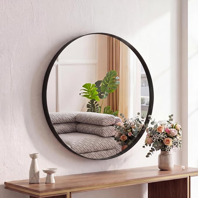 DUMOS Round Wall Mirror 24 Inch, Bathroom Wall Circle Mirror | Bathroom Decor for Entryway, Living Room, Vanity, Metal Frame, Tempered Glass, Anti-Rust, Hanging or Leaning, Black