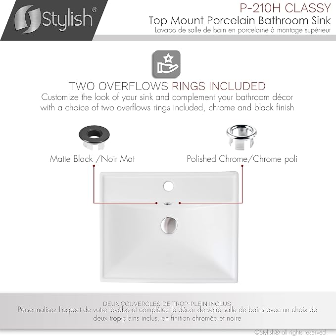 Stylish Drop in Bathroom Sink 20 1/4 x 16 Inch Porcelain Rectangular Bathroom Sinks Shiny Finish Smooth and Stain Resistant Surface with Chrome and Matte Black Overflow, P-210H