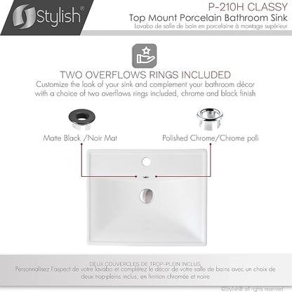 Stylish Drop in Bathroom Sink 20 1/4 x 16 Inch Porcelain Rectangular Bathroom Sinks Shiny Finish Smooth and Stain Resistant Surface with Chrome and Matte Black Overflow, P-210H