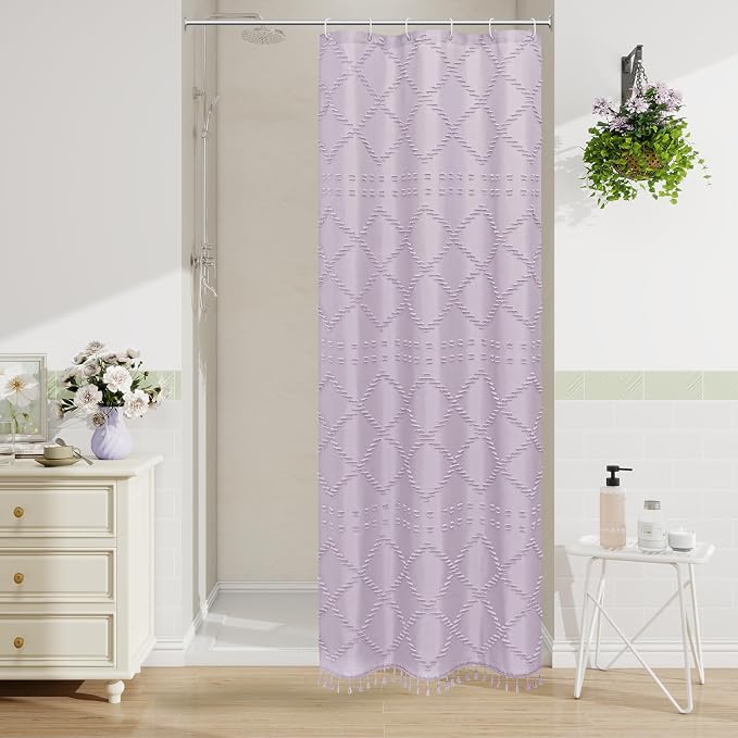 Lavender Boho Fabric Shower Curtain with Tassel 36x72, Tufted Textured | Modern Farmhouse Curtain for Bathroom, Stall Bathroom Curtain, Minimalist Decor, Waterproof