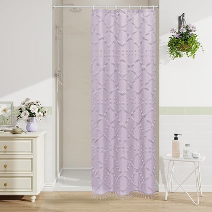 Lavender Boho Fabric Shower Curtain with Tassel 36x72, Tufted Textured | Modern Farmhouse Curtain for Bathroom, Stall Bathroom Curtain, Minimalist Decor, Waterproof