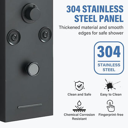 FUZ Shower Panel Tower System, Stainless Steel 6 IN 1 Shower Panel System with LED Fancy Rain Shower Head and Handheld, Adujstable Rainfall Massage Body Jets and Tub Spout, Matte Black Shower Tower