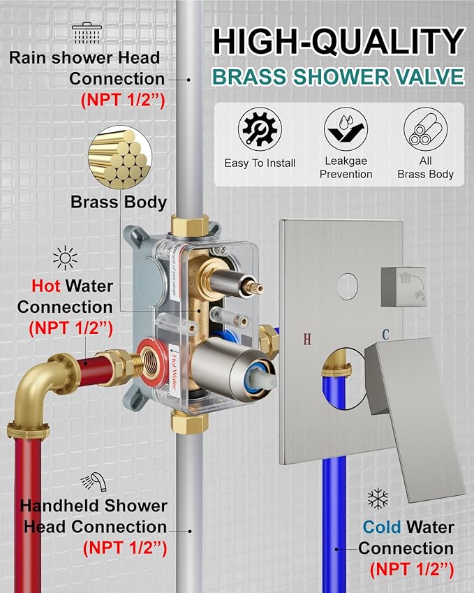 Shower Faucet Set Rainfall Shower System with Square Showerhead and Handle Set Fixture with 2 in 1 Function Handheld Sprayer Wall Mounted Trim Repair Kit Rough-in Valve 16 Inch Brushed Nickel