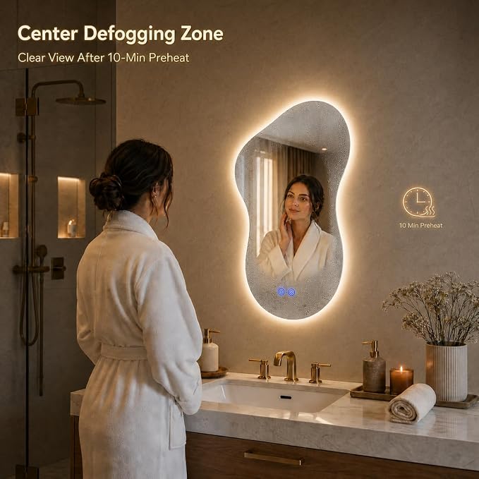 Irregular Led Bathroom Mirror with Lights 20x32 Inch, Backlit Asymmetrical Led Bathroom Mirror for Wall, Lighted Vanity Mirror with Lights, Anti-Fog, Dimmable 3 Colors, Shatter-Resistant