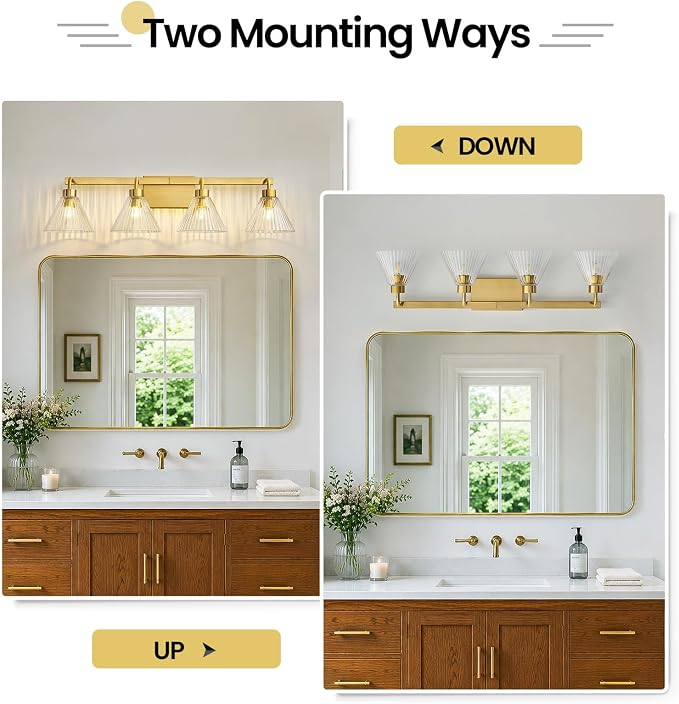 AIJIASI Bathroom Vanity Light Fixtures 4-Light Modern Vanity Lights for Bathroom Brass Gold Bathroom Lighting Fixtures Over Mirror with Ribbed Glass Shade for Bath Restroom 34 Inch