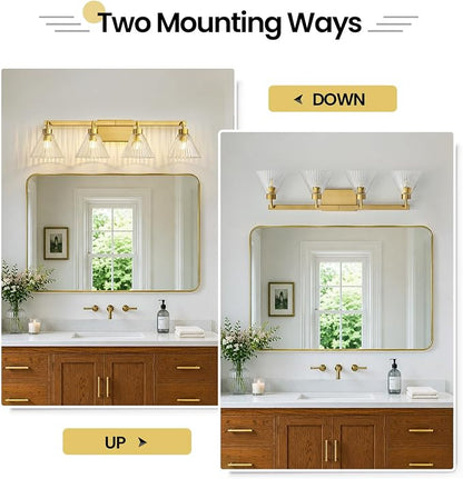 AIJIASI Bathroom Vanity Light Fixtures 4-Light Modern Vanity Lights for Bathroom Brass Gold Bathroom Lighting Fixtures Over Mirror with Ribbed Glass Shade for Bath Restroom 34 Inch