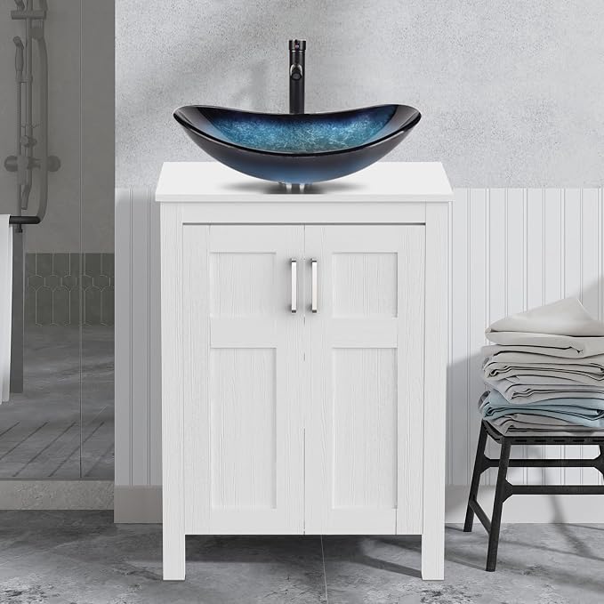 YOURLITE 24" Bathroom Vanity with Sink, White Bathroom Vanity and Sink Combo with Faucet & Pop Up Drain Set,Traditional Vanity with Blue Glass Bowl Bathroom Sink