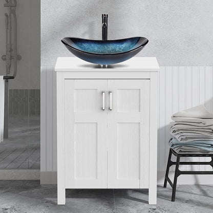 YOURLITE 24" Bathroom Vanity with Sink, White Bathroom Vanity and Sink Combo with Faucet & Pop Up Drain Set,Traditional Vanity with Blue Glass Bowl Bathroom Sink