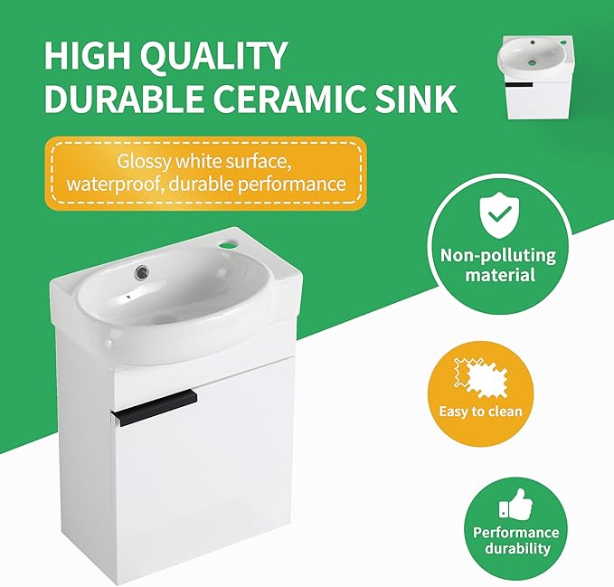 16" Wall Mounted Bathroom Vanity with Sink, 16 inch Floating Bathroom Vanity, Mordern Sink Vanity Combo, Basin and Cabinet 1 Soft Closing Door, White(WH-029, 16 * 10)