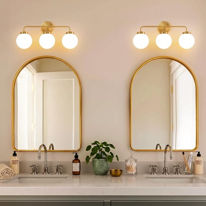 Modern Brushed Gold Vanity Lights for Bathroom, Mid Century 3 Light Bathroom Vanity Light with Globe Milky White Glass Shade Over Mirror, Brass Wall Sconce for Bathroom Hallway Living Room Bedroom