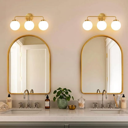 Modern Brushed Gold Vanity Lights for Bathroom, Mid Century 3 Light Bathroom Vanity Light with Globe Milky White Glass Shade Over Mirror, Brass Wall Sconce for Bathroom Hallway Living Room Bedroom