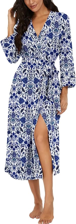 PrinStory Robes for Women 3/4 Sleeve Long Bath Robe XS-4XL | V-Neck Knit Bathrobe with Pockets, Lightweight, Soft, Breathable Robes for Shower, Spa, Travel, Home, Party, Nursing