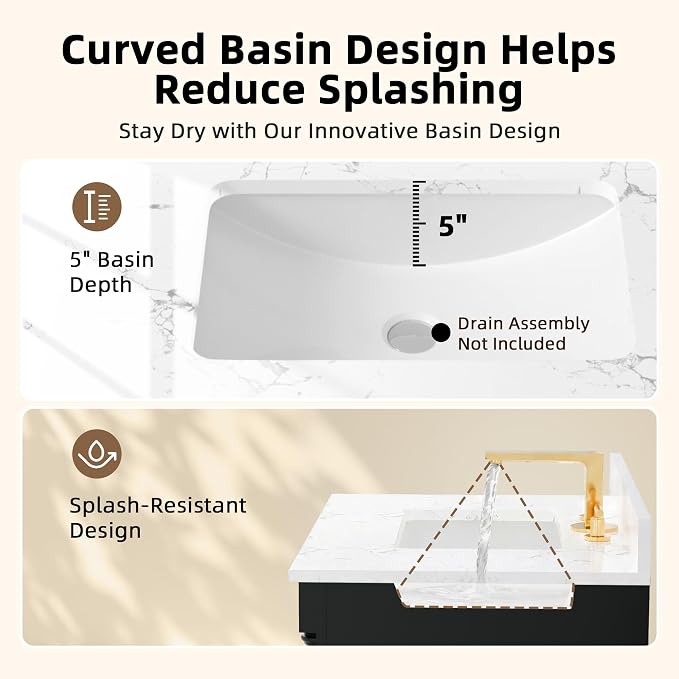 YESHOMY 30" Bathroom Vanity with Sink, Marble-Look Countertop, Deep Black | Freestanding Storage Cabinet with Ceramic Basin, Tilt-Out Drawer and Additional Drawers for Bathroom